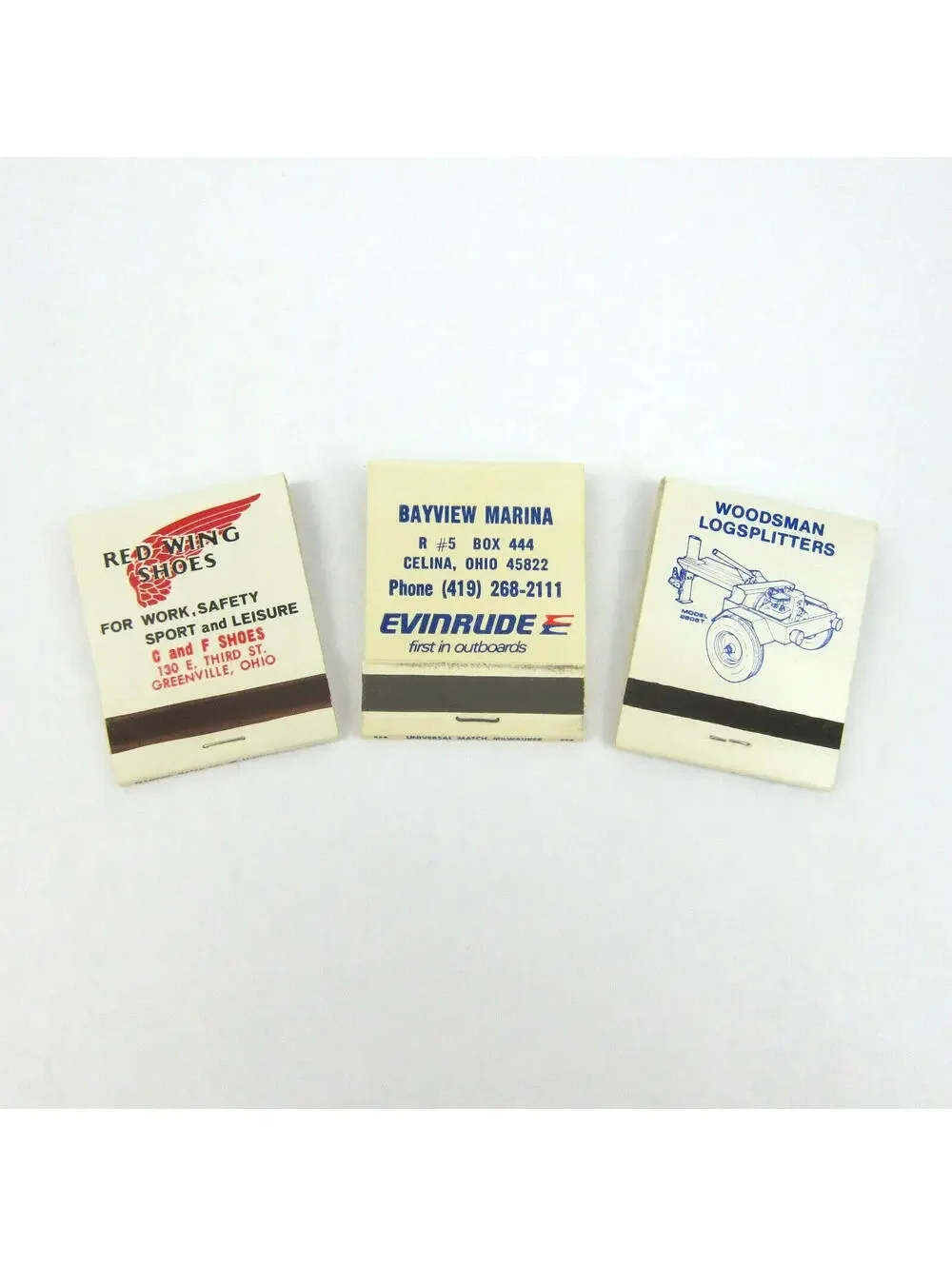 3 Vintage Matchbooks Red Wing Shoes, Evinrude Outboards, Woodsman Log Splitters